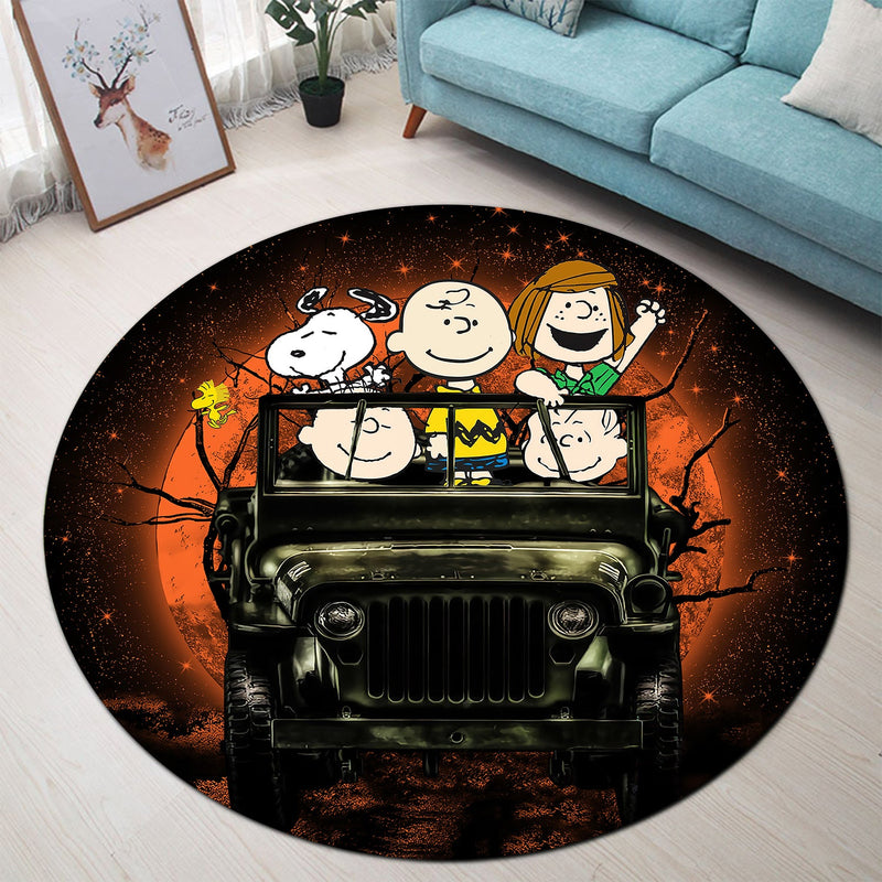 Snoopy And Friends Ride Jeep Moonlight Halloween Round Carpet Rug Bedroom Livingroom Home Decor Nearkii