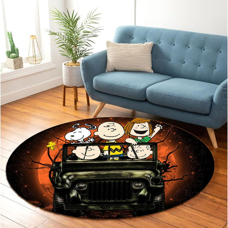 Snoopy And Friends Ride Jeep Moonlight Halloween Round Carpet Rug Bedroom Livingroom Home Decor Nearkii