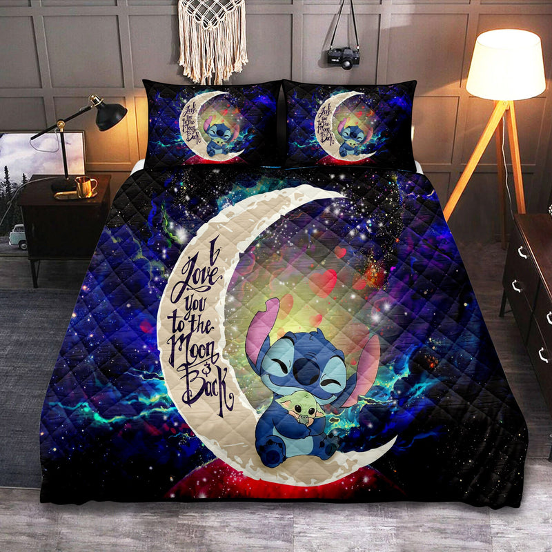 Stitch Hold Baby Yoda Love You To The Moon Galaxy Quilt Bed Sets Nearkii