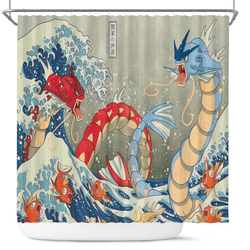 Red Vs Blue Gyarados Pokemon The Great Wave Japan Shower Curtain