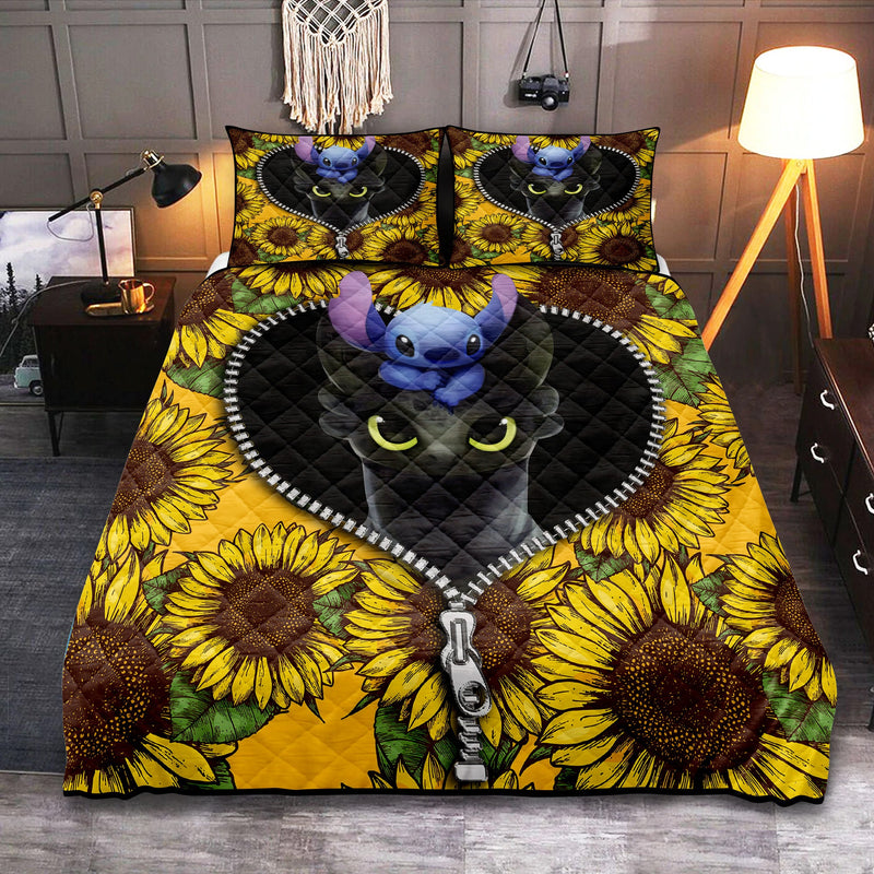 Toothless And Stitch Sunflower Zipper Quilt Bed Sets Nearkii