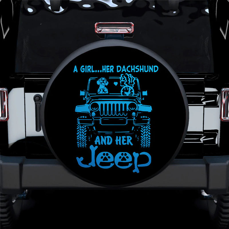 A Girl Her Dachshund And Her Jeep Blue Car Spare Tire Cover