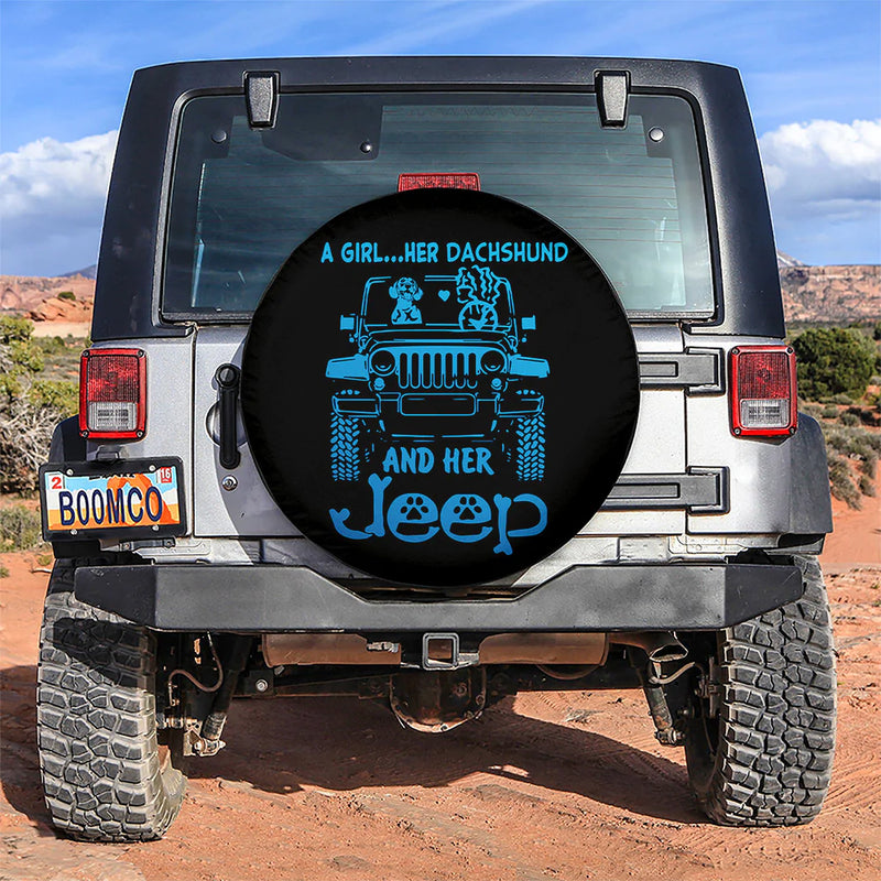 A Girl Her Dachshund And Her Jeep Blue Car Spare Tire Cover
