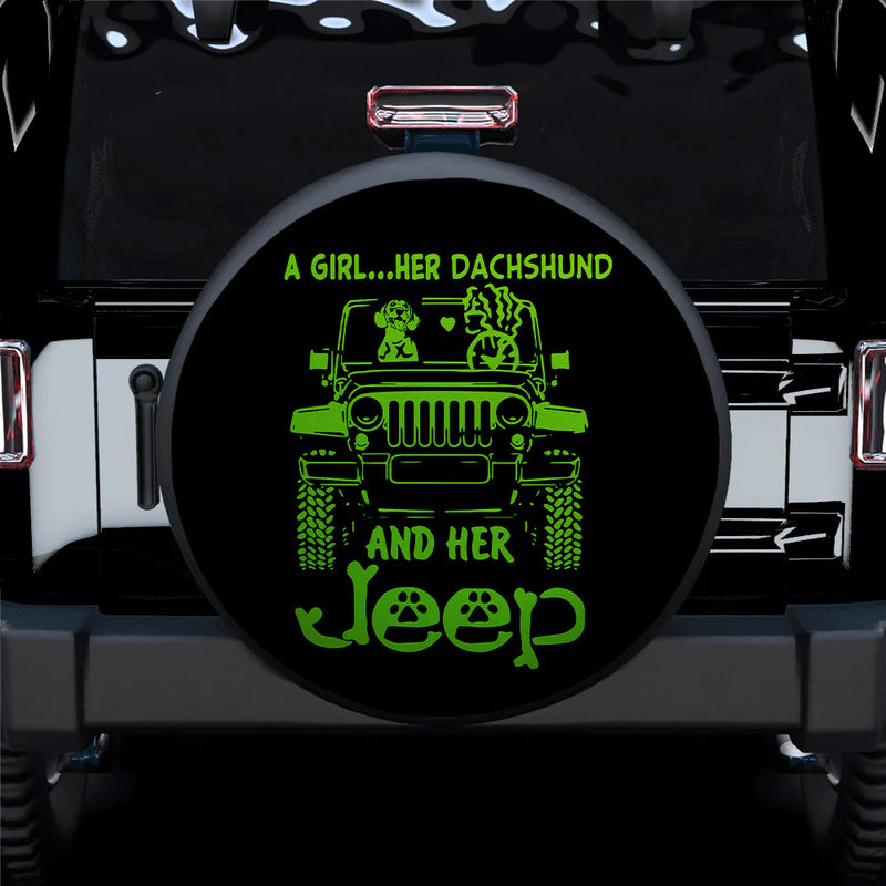 A Girl Her Dachshund And Her Jeep Green Car Spare Tire Cover