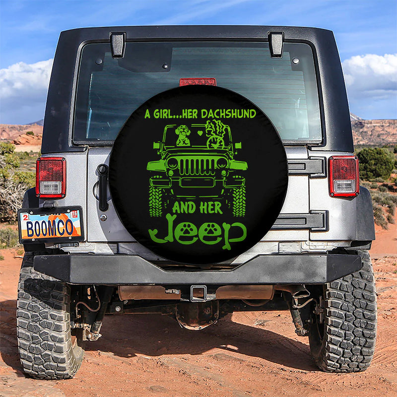 A Girl Her Dachshund And Her Jeep Green Car Spare Tire Cover