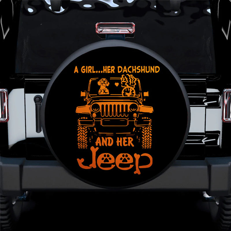 A Girl Her Dachshund And Her Jeep Orange Car Spare Tire Cover
