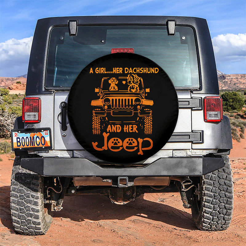 A Girl Her Dachshund And Her Jeep Orange Car Spare Tire Cover