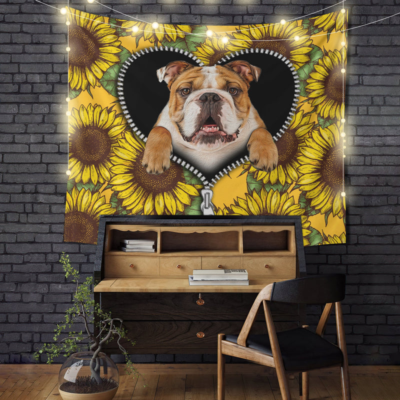 Bull Dog Sunflower Zipper Tapestry Room Decor Nearkii