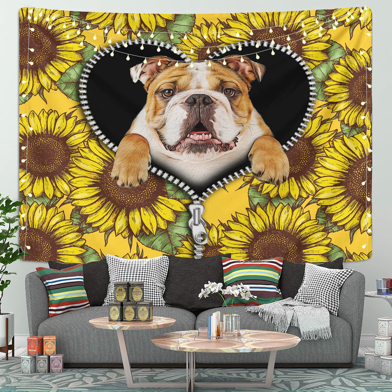 Bull Dog Sunflower Zipper Tapestry Room Decor Nearkii