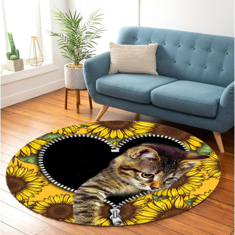 Cute Cat Sunflower Zipper Round Carpet Rug Bedroom Livingroom Home Decor Nearkii