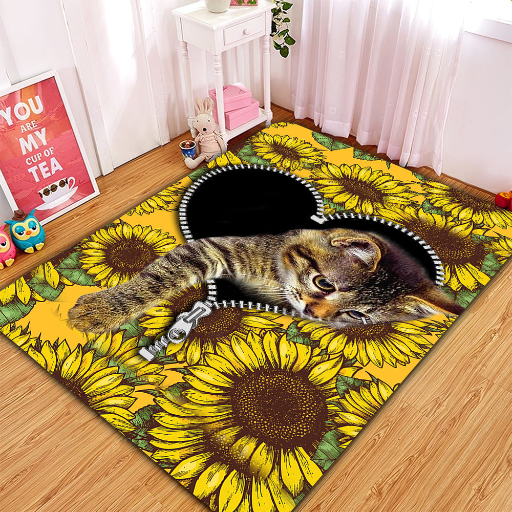 Cute Cat Sunflower Zipper Rectangular Area Rug