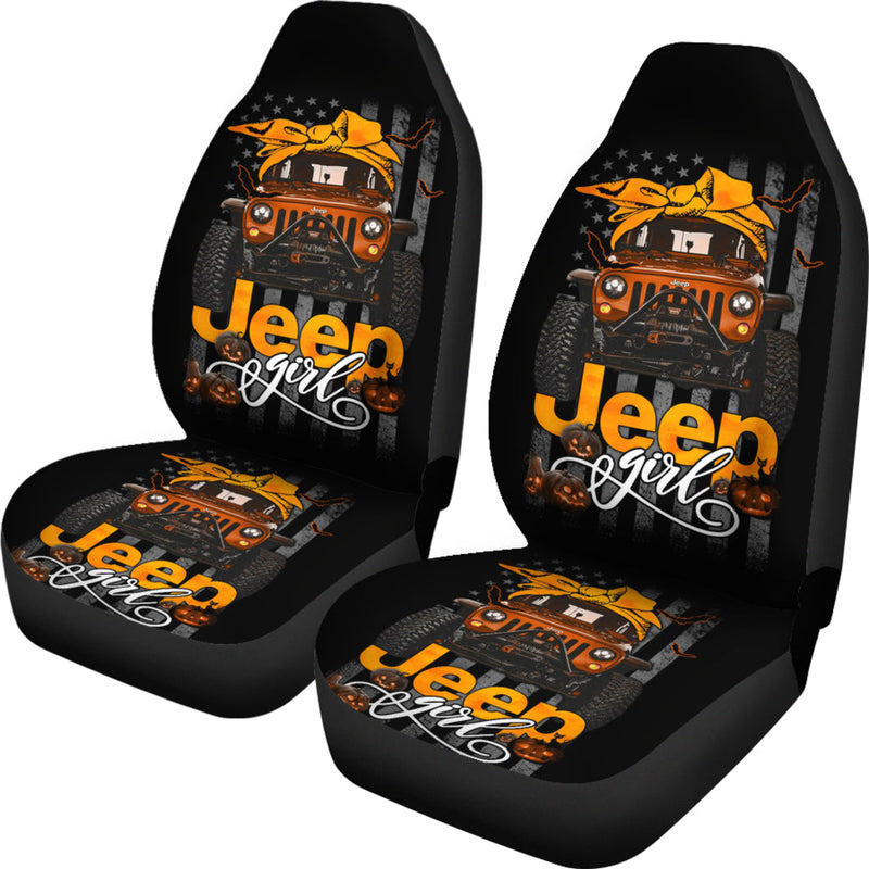 Halloween American Flag Orange Jeep Girl Premium Custom Car Seat Covers Decor Protectors Nearkii