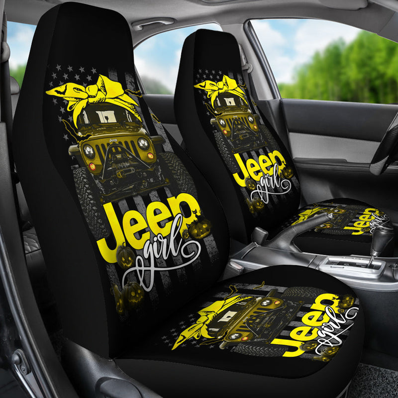 Halloween American Flag Yellow Jeep Girl Premium Custom Car Seat Covers Decor Protectors Nearkii