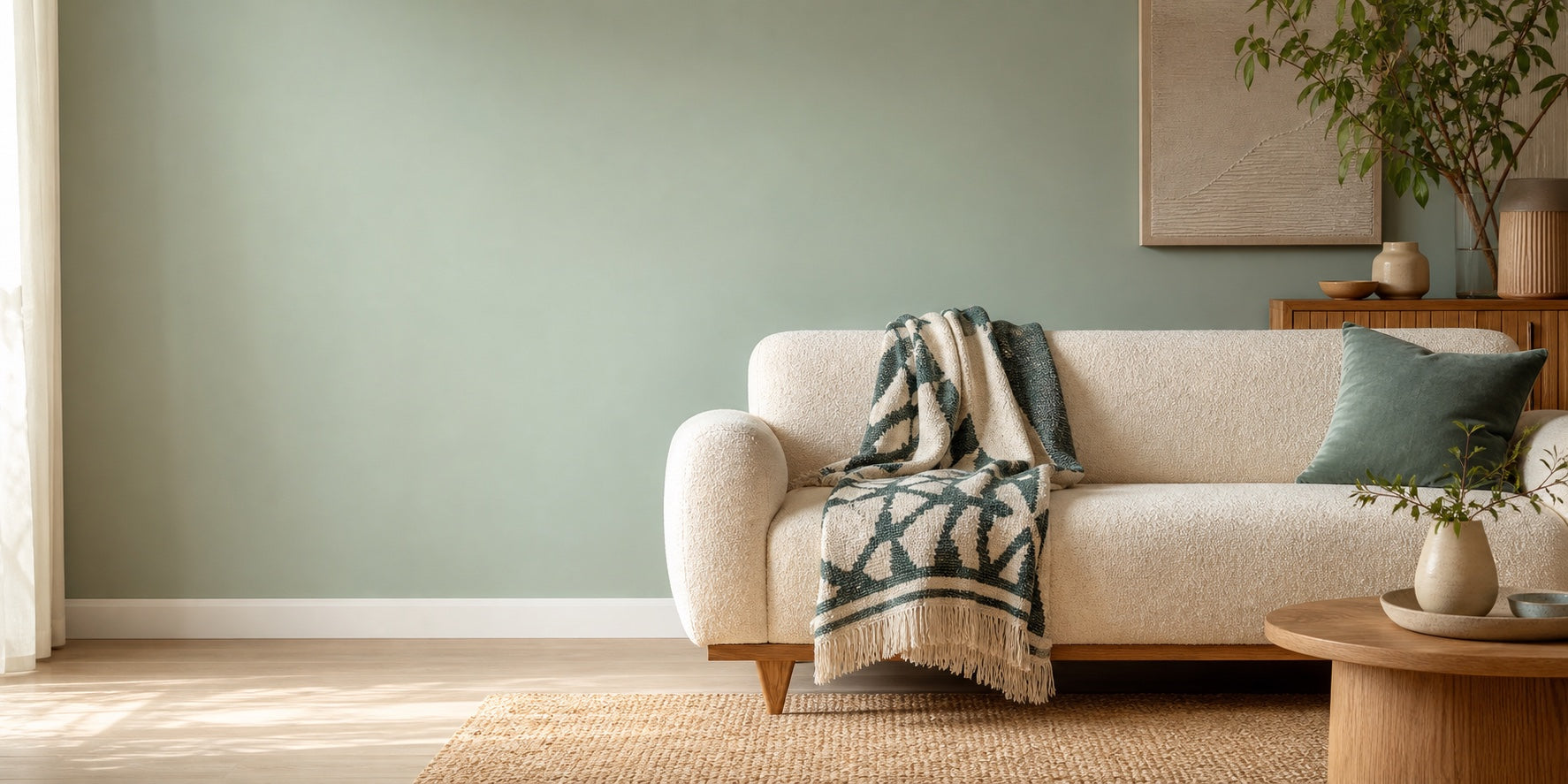 A bright modern living room styled with a cream sofa and a teal woven throw