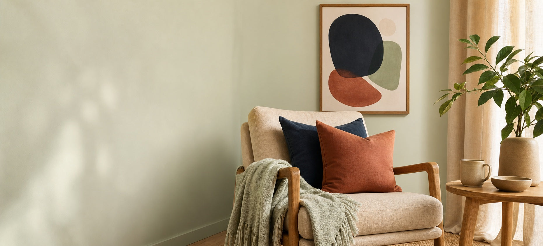 A cozy reading corner with warm wood, layered cushions and a soft woven throw